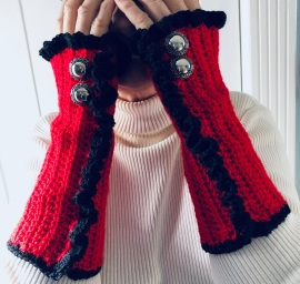 Fingerless Gloves/Wrist Warmer Steampunk or Boho Style: Red with black ruffle trim and large vintage buttons